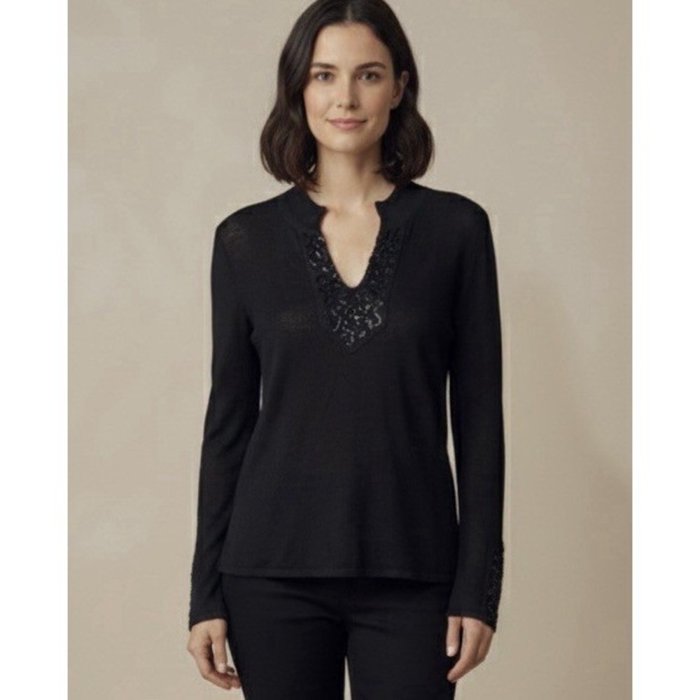 Amina Rubinacci‎ black fine knit blouse with sequin trim neckline sleeves S